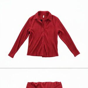 Red Textured Long Sleeve Button Down Shirt